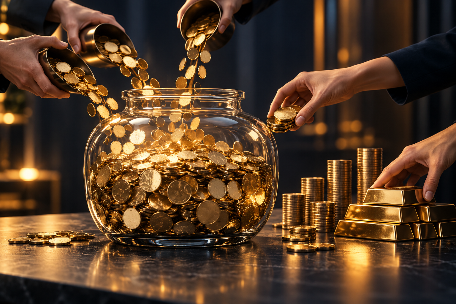 Großer gläserner Topf voller Goldmünzen auf einem dunklen Tisch. Von mehreren Seiten schütten Hände Münzen hinein, eine Hand nimmt Münzen heraus, eine andere legt Goldbarren als Pfand daneben.