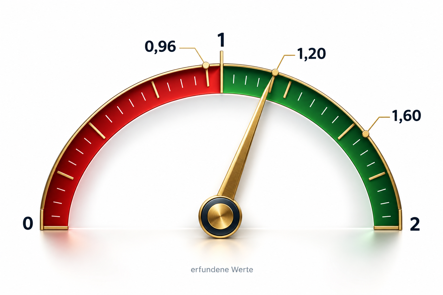 Tachometer mit einer Skala von 0 bis 2, unter 1 rot, darüber grün. Markiert sind 1,60 und 1,20 im grünen Bereich und 0,96 im roten Bereich. Hinweis: erfundene Werte.