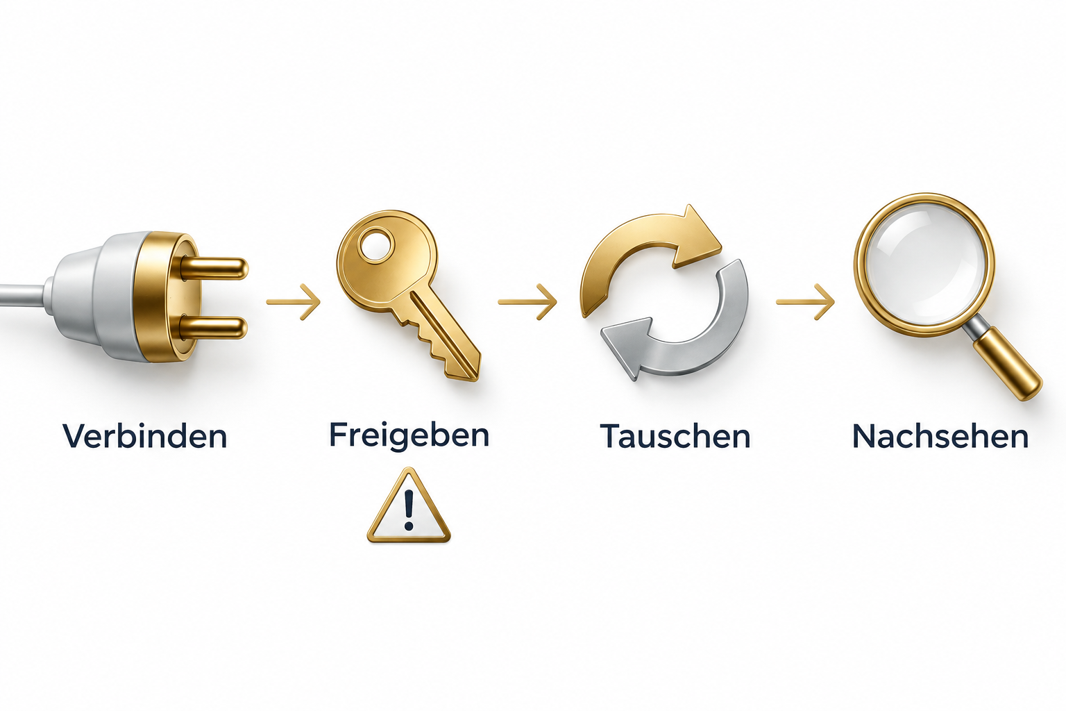 Vier Stationen mit Pfeilen: ein Stecker mit der Aufschrift Verbinden, ein Schlüssel mit der Aufschrift Freigeben und einem Warnzeichen darunter, zwei Pfeile im Kreis mit der Aufschrift Tauschen, eine Lupe mit der Aufschrift Nachsehen.