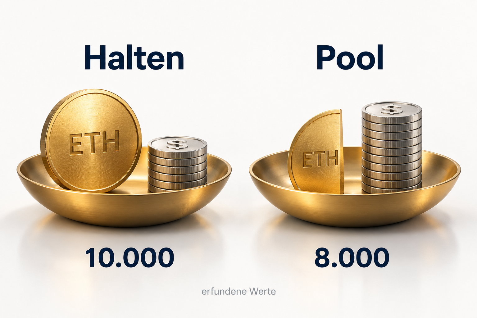 Zwei Schalen. Links mit der Aufschrift Halten eine ganze Münze mit der Aufschrift ETH und ein kleiner Stapel Dollar-Token, darunter 10.000. Rechts mit der Aufschrift Pool eine halbe ETH-Münze und ein doppelt so hoher Stapel Dollar-Token, darunter 8.000. Hinweis: erfundene Werte.