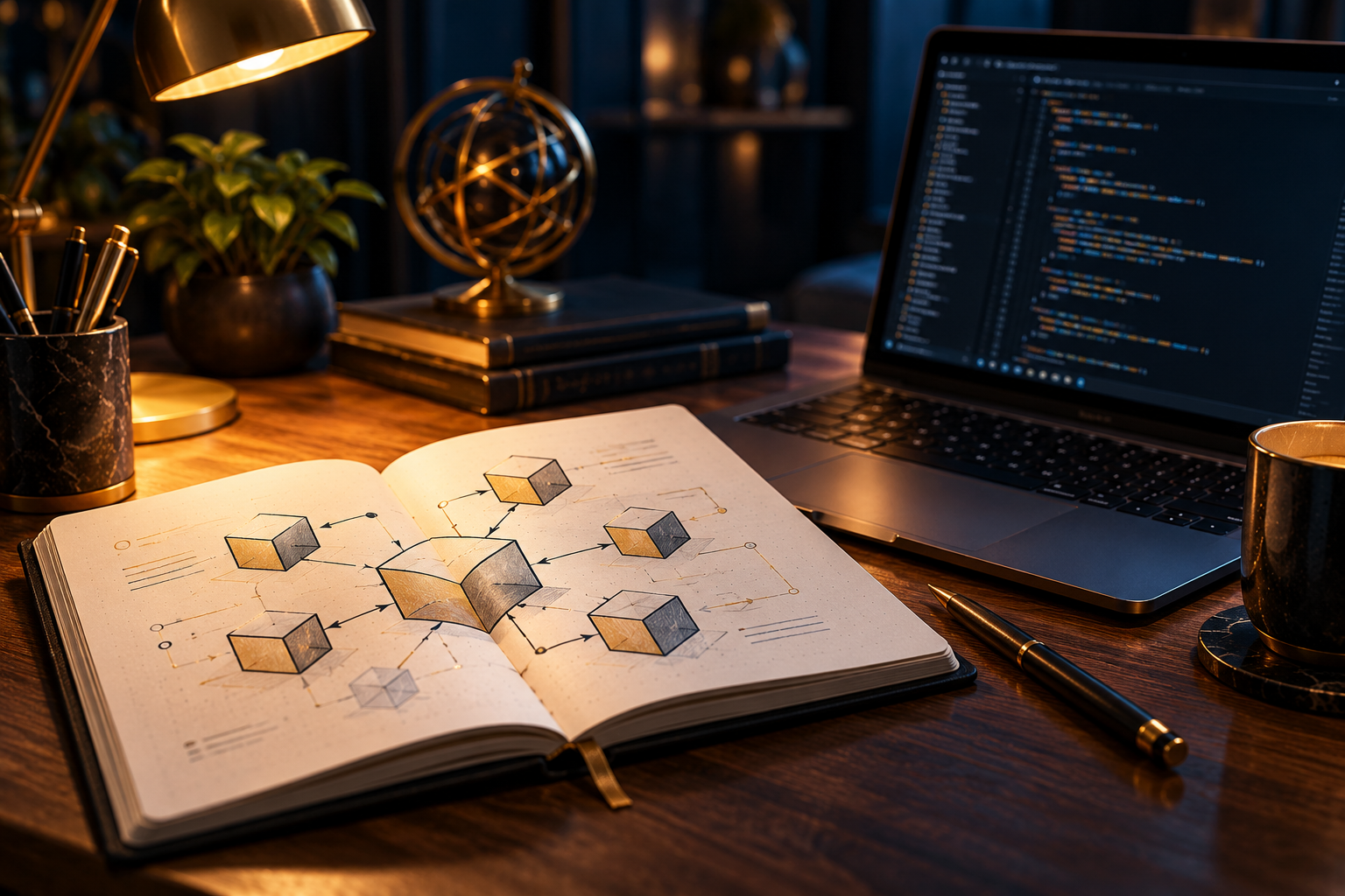 Aufgeschlagenes Notizbuch mit Skizzen verbundener Würfel auf einem Holztisch, dahinter ein Laptop mit Programmcode, eine Schreibtischlampe und ein goldener Globus im warmen Licht.