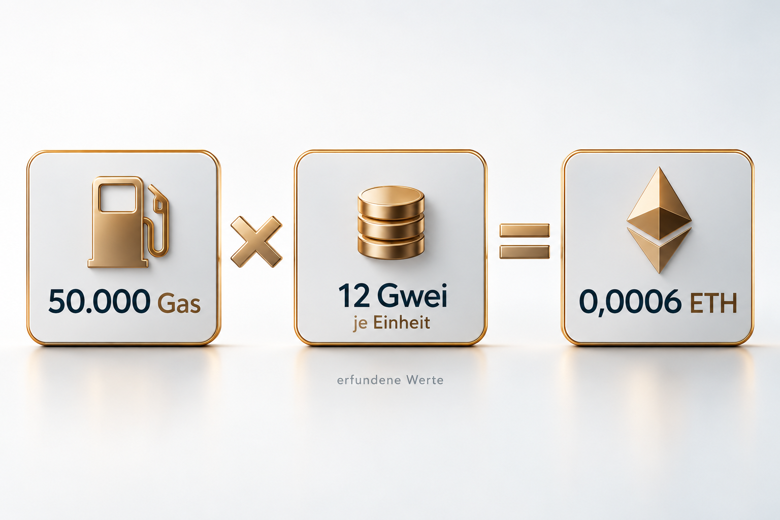Rechenweg in drei Feldern: 50.000 Gas mal 12 Gwei je Einheit ergibt 0,0006 ETH. Hinweis: erfundene Werte.