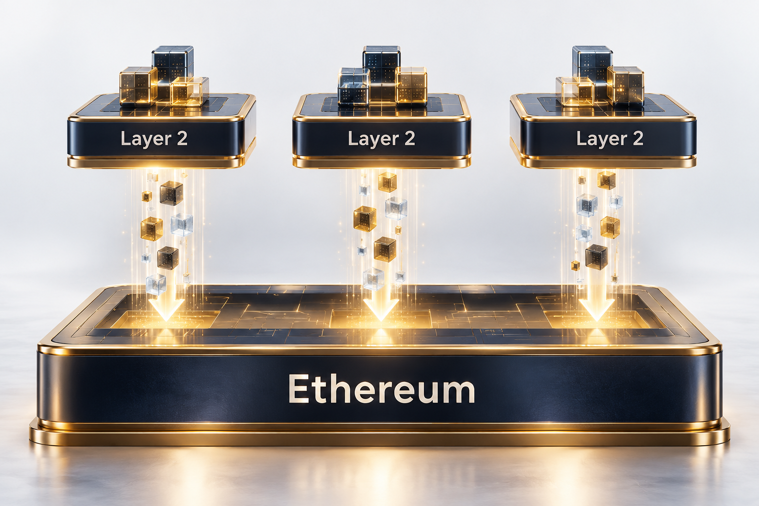Breites Fundament mit der Aufschrift Ethereum, darüber drei kleinere Plattformen mit der Aufschrift Layer 2, von denen Datenpakete nach unten auf das Fundament fließen.