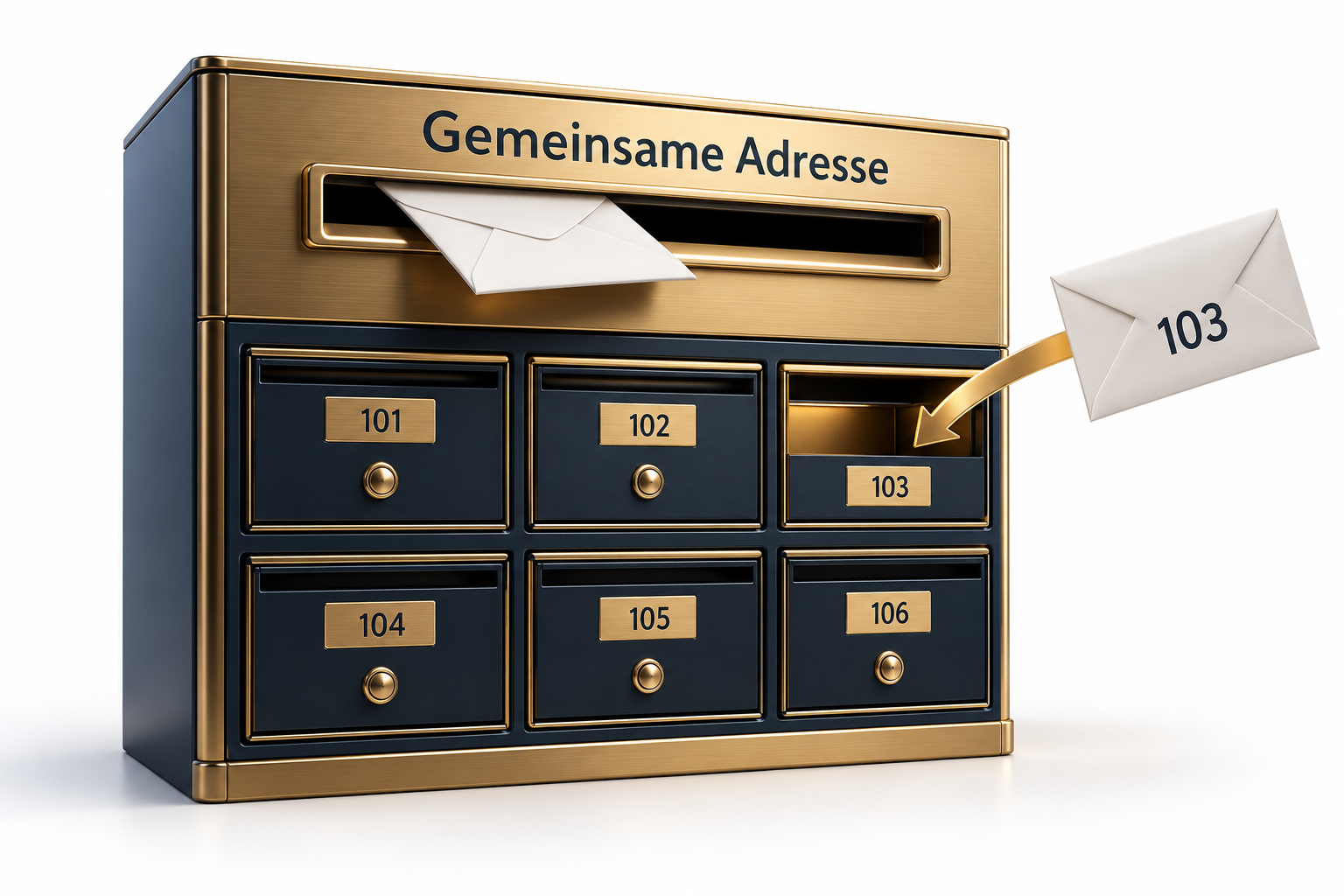 Großer Briefkasten mit der Aufschrift Gemeinsame Adresse und den nummerierten Fächern 101 bis 106. Ein Brief mit der Nummer 103 landet im Fach 103, ein Brief ohne Nummer steckt oben im Schlitz fest.