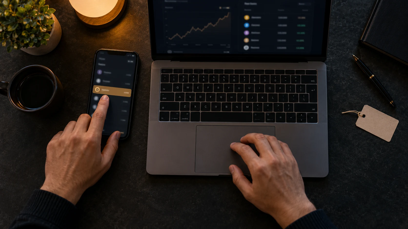 Hände an einem Laptop und einem Smartphone, auf dem in einer Liste ein Netzwerk golden markiert ist, daneben ein leerer Anhänger