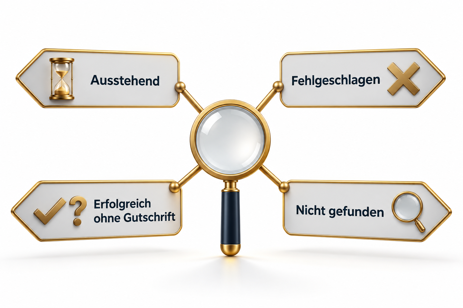 Lupe in der Mitte, von der vier Schilder ausgehen: Ausstehend mit einer Sanduhr, Fehlgeschlagen mit einem Kreuz, Erfolgreich ohne Gutschrift mit einem Haken und einem Fragezeichen, Nicht gefunden mit einer leeren Lupe.