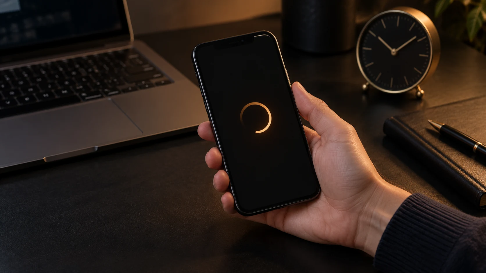 Hand hält ein Smartphone mit goldenem Ladekreis auf dem Bildschirm, im Hintergrund ein Laptop und eine Tischuhr