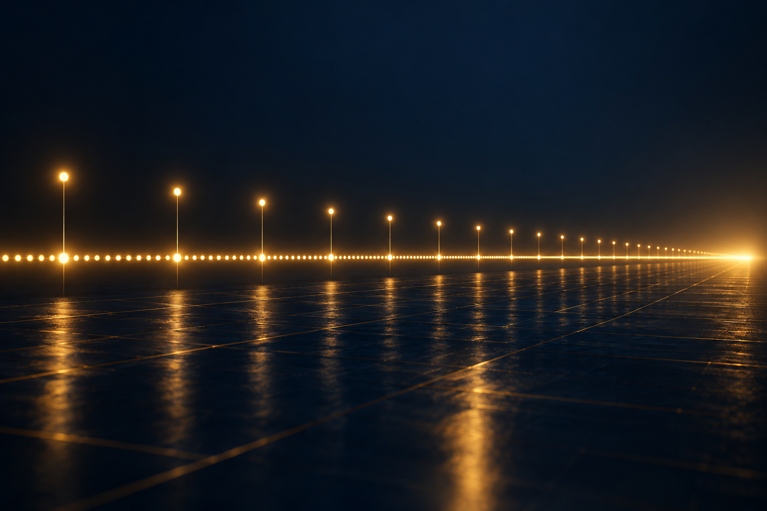 Lange, gerade Lichtbahn aus goldenen Punkten auf dunklem Grund, darüber in gleichen Abständen leuchtende Marken wie auf einer Zeitachse bis zum Horizont.