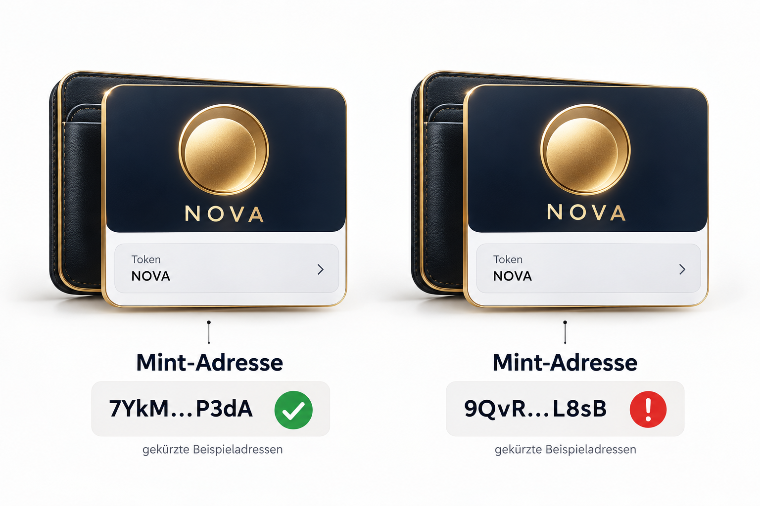 Zwei Wallet-Ansichten mit demselben Beispieltoken NOVA und demselben runden Symbol. Darunter je eine andere gekürzte Mint-Adresse: links mit grünem Haken, rechts mit rotem Ausrufezeichen.