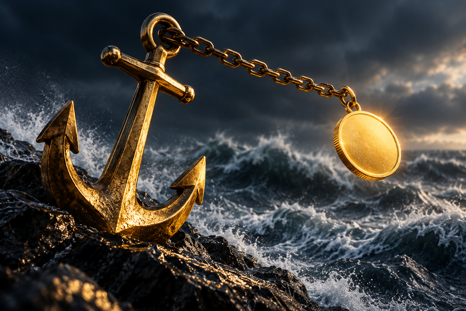Goldener Anker auf dunklem Fels in stürmischer See, an dessen straffer Kette eine leuchtende Münze ohne Logo hängt.