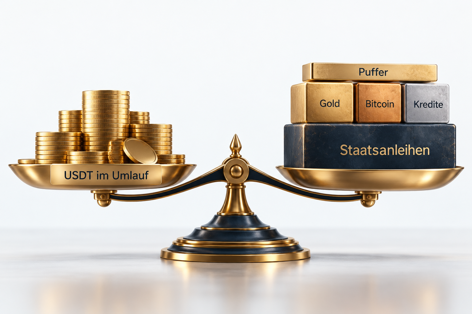 Waage im Gleichgewicht: links Münzstapel mit der Aufschrift USDT im Umlauf, rechts Blöcke mit den Aufschriften Staatsanleihen (der größte), Gold, Bitcoin und Kredite, obenauf ein schmaler Block mit der Aufschrift Puffer.