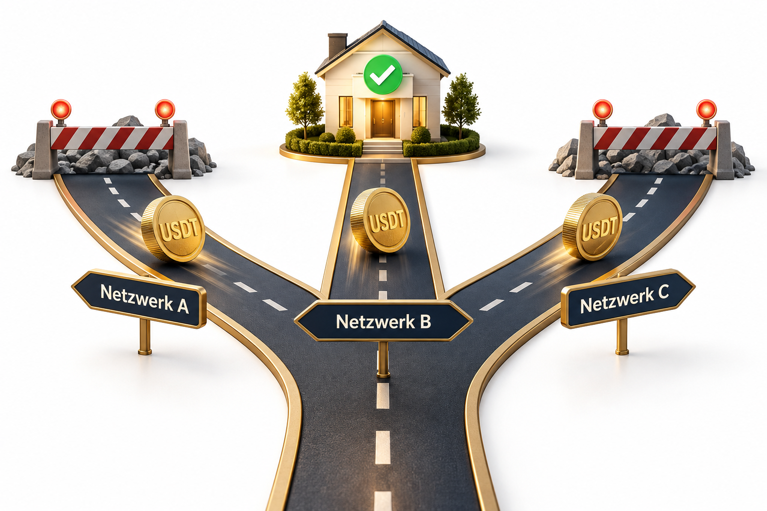 Weggabelung mit drei Straßen und den Schildern Netzwerk A, Netzwerk B und Netzwerk C. Auf jeder Straße rollt eine Münze mit der Aufschrift USDT; nur die mittlere Straße endet an einem Haus mit grünem Haken, die beiden anderen an einer Absperrung.