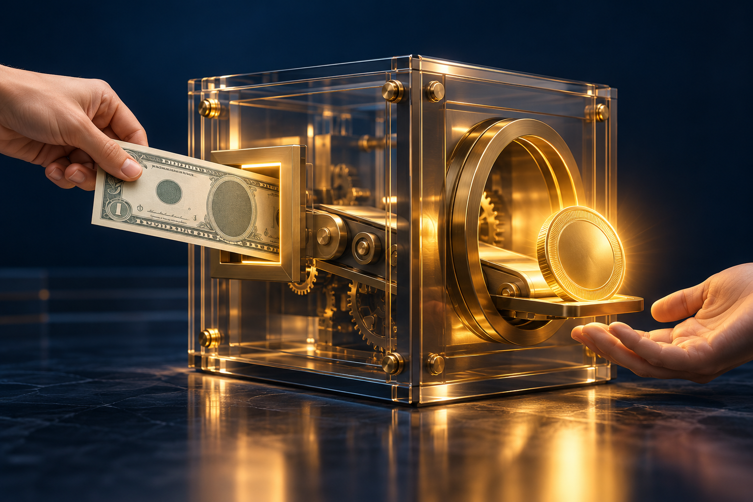 Eine Hand schiebt eine Dollar-Banknote in einen gläsernen Tresor mit Zahnrädern; auf der anderen Seite kommt eine leuchtende digitale Münze ohne Logo in eine offene Hand.