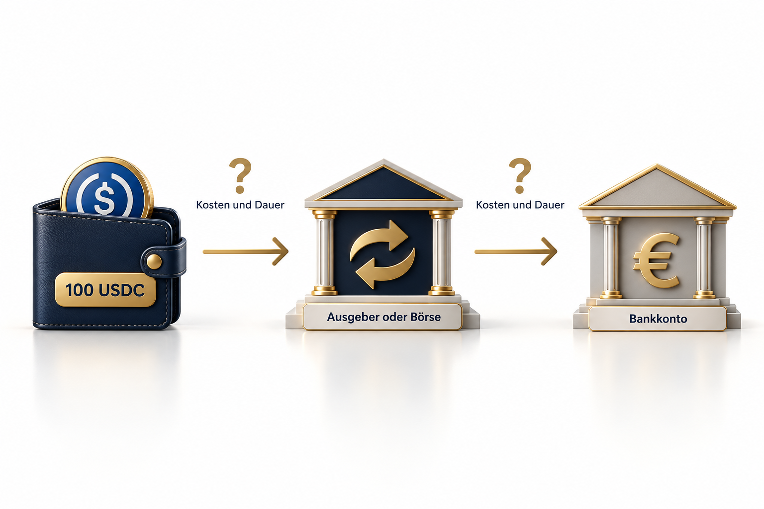 Drei Stationen mit Pfeilen: eine Wallet mit 100 USDC, ein Gebäude mit der Aufschrift Ausgeber oder Börse und einem Tauschsymbol, ein Gebäude mit der Aufschrift Bankkonto und einem Eurozeichen. Über jedem Pfeil ein Fragezeichen mit der Aufschrift Kosten und Dauer.