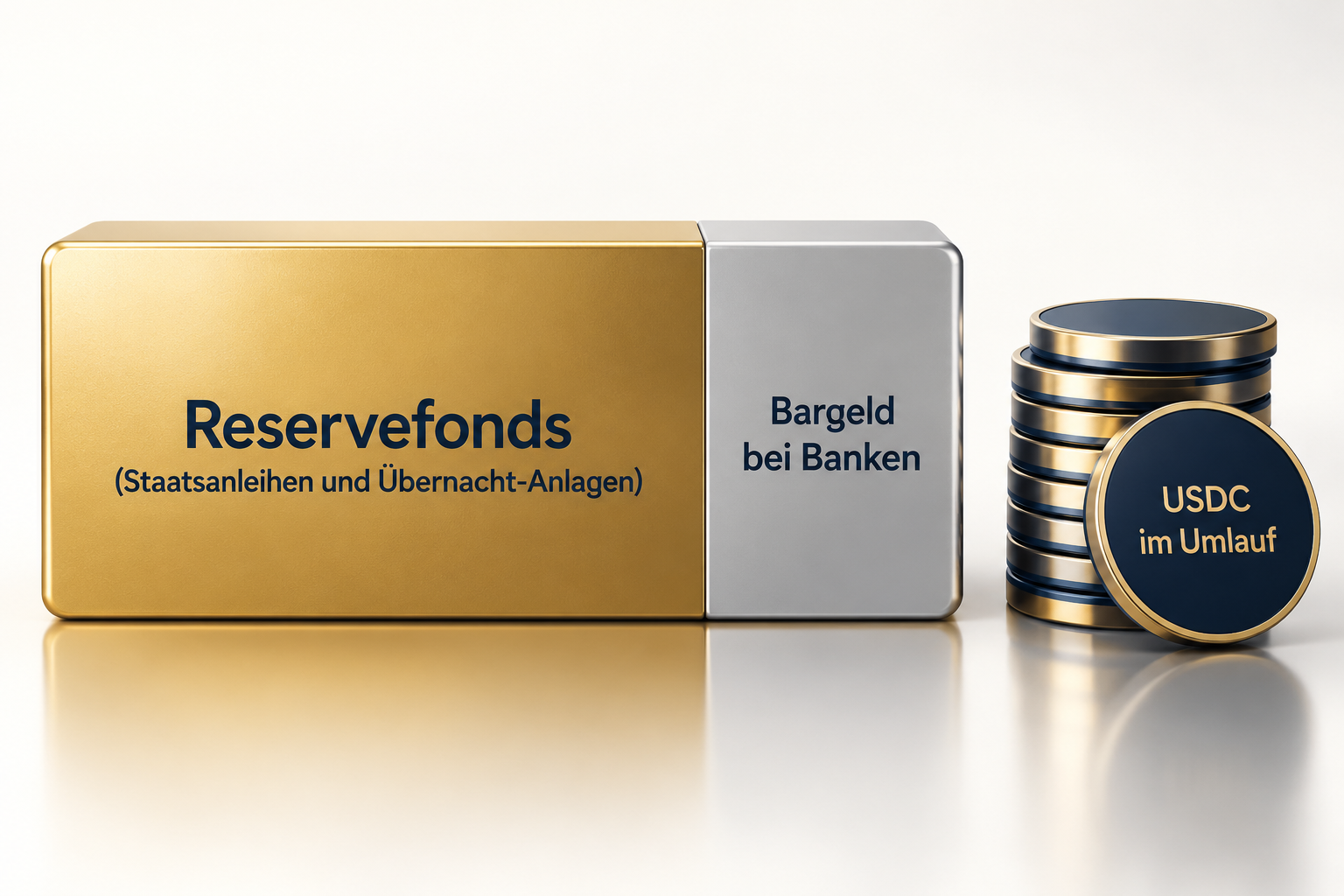 Ein großer goldener Block mit der Aufschrift Reservefonds (Staatsanleihen und Übernacht-Anlagen), daneben ein kleinerer silberner Block mit der Aufschrift Bargeld bei Banken und ein Stapel Münzen mit der Aufschrift USDC im Umlauf.
