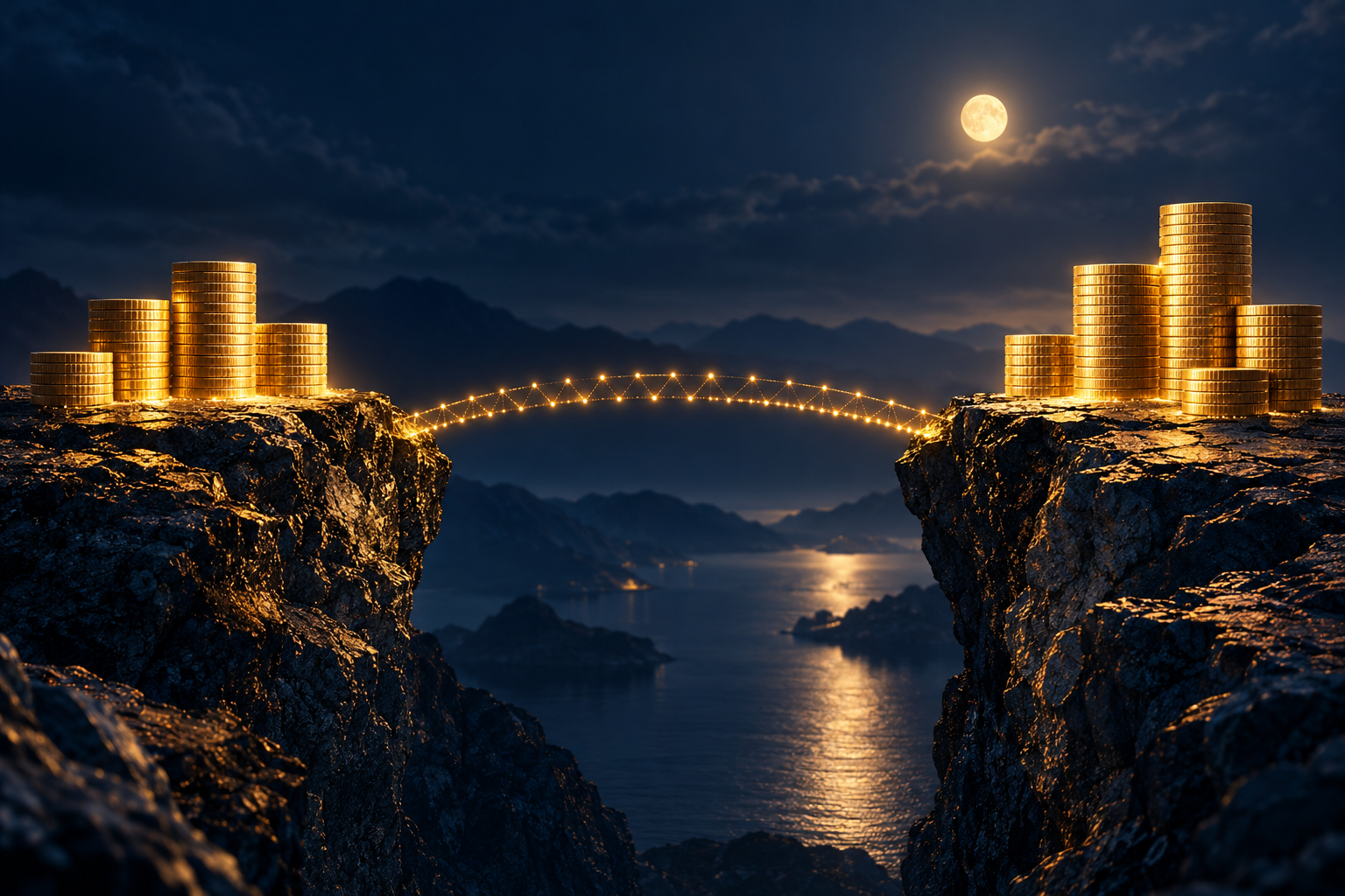 Zwei felsige Ufer bei Nacht mit goldenen Münzstapeln, verbunden durch eine schmale Brücke aus leuchtenden Punkten über dem Wasser.