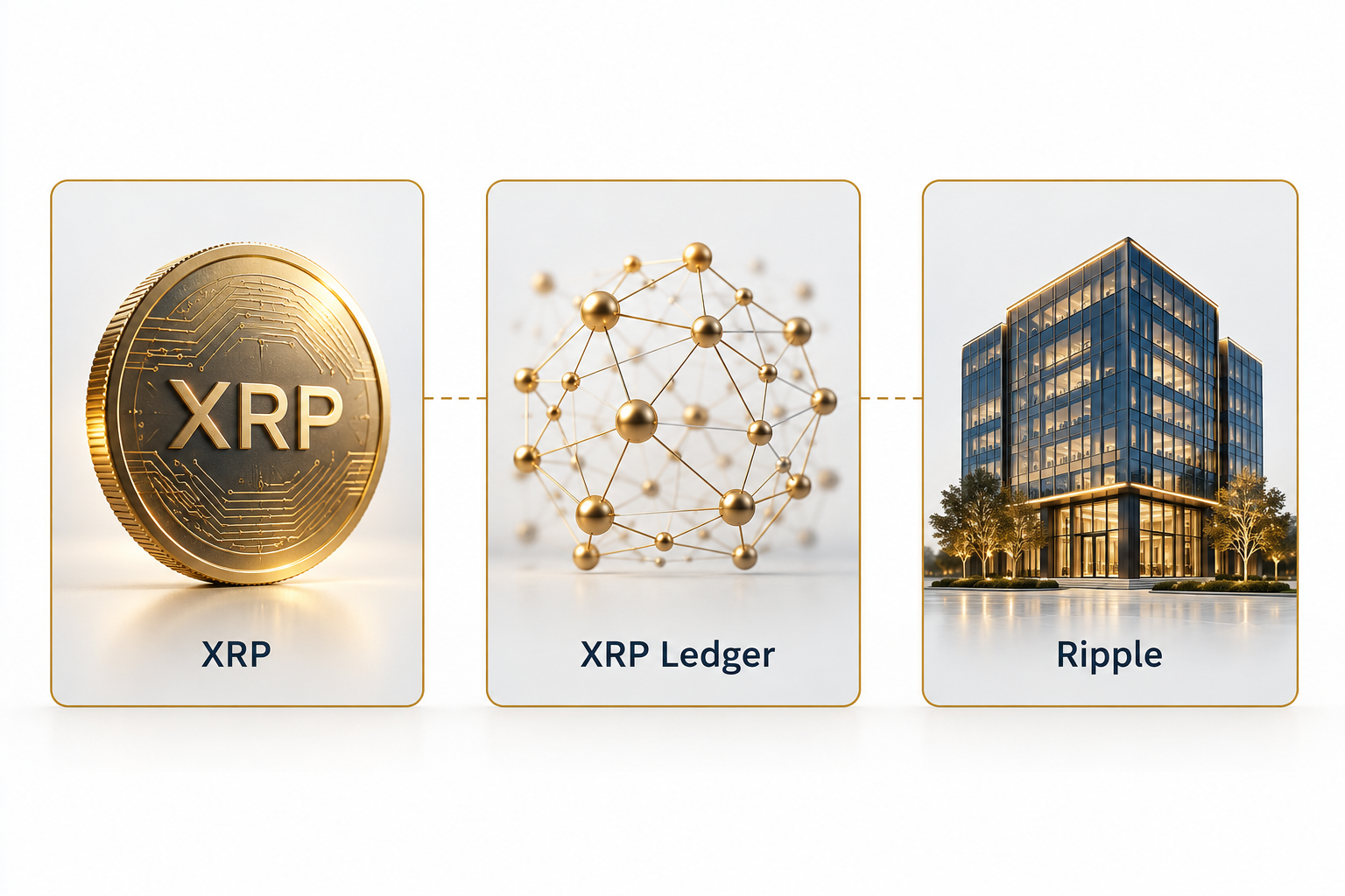 Drei getrennte Kästen, durch gestrichelte Linien verbunden: eine Münze mit der Aufschrift XRP, ein Netz aus verbundenen Punkten mit der Aufschrift XRP Ledger und ein Bürogebäude mit der Aufschrift Ripple.
